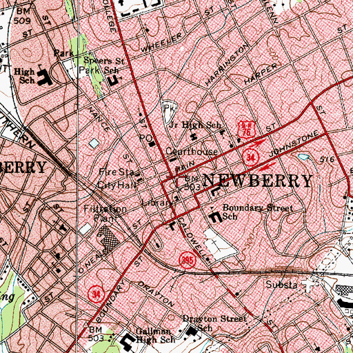 Topographic Map of Newberry, SC
