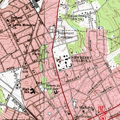 Topographic Map of Newberry College, SC