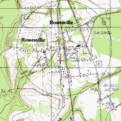 Topographic Map of Rowesville, SC