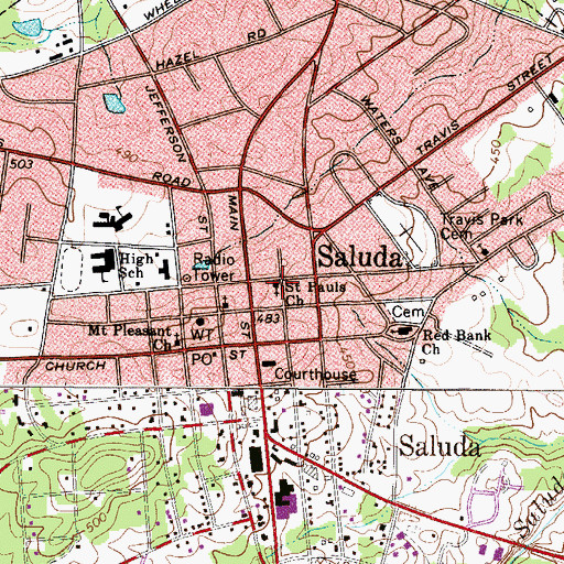 Topographic Map of Saint Pauls Church, SC