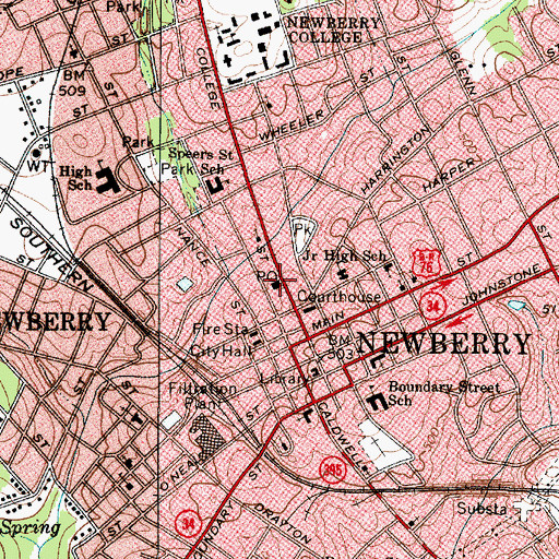 Topographic Map of Newberry Post Office, SC