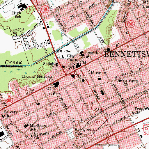 Topographic Map of Bennettsville Post Office, SC