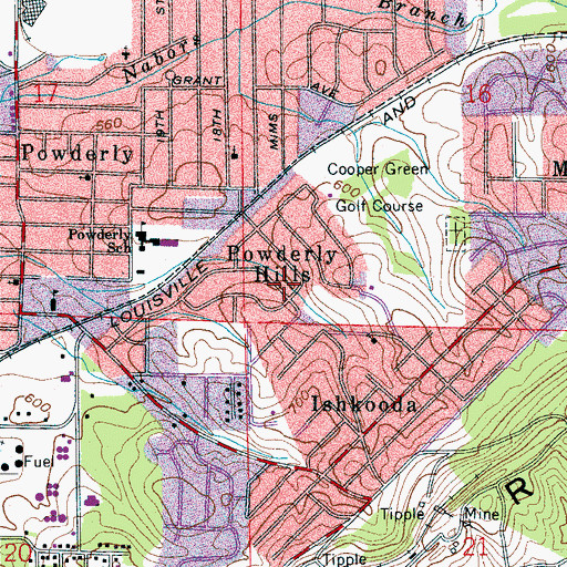 Topographic Map of Powderly Hills, AL