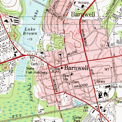 Topographic Map of Barnwell Post Office, SC