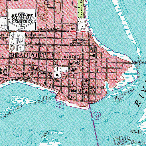 Topographic Map of Beaufort Post Office, SC