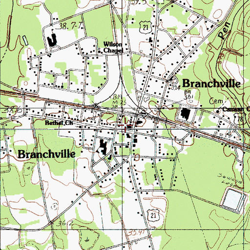 Topographic Map of Branchville Post Office, SC