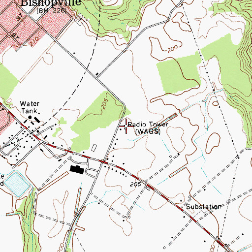 Topographic Map of WAGS-AM (Bishopville), SC