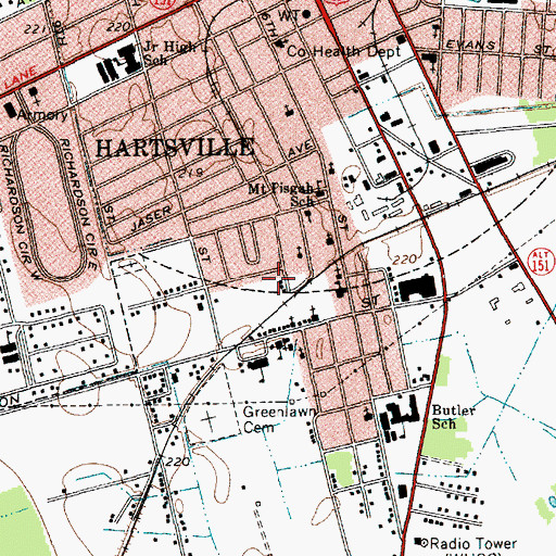 Topographic Map of WTNI-AM (Hartsville), SC