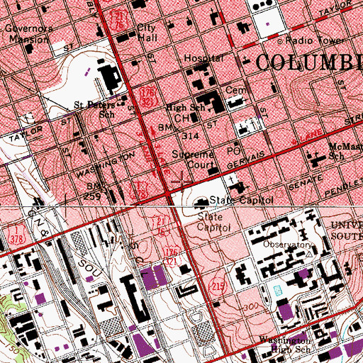 Topographic Map of WAAS-FM (Columbia), SC