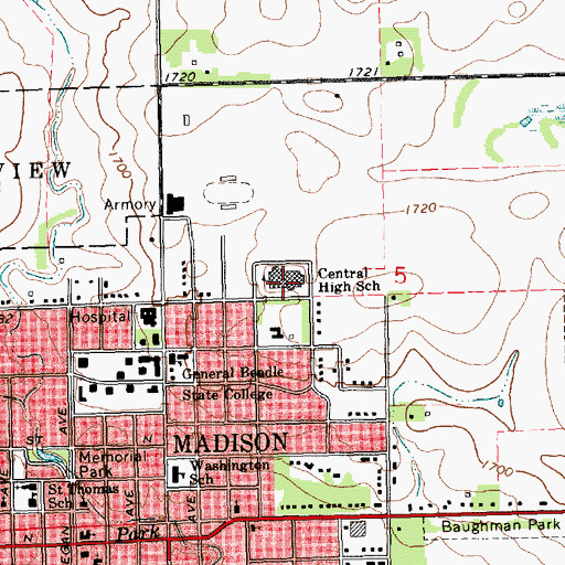 Topographic Map of Central High School, SD