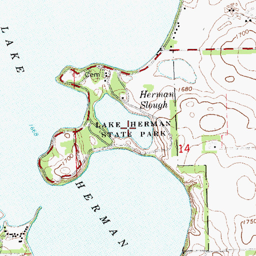 Topographic Map of Lake Herman State Park, SD