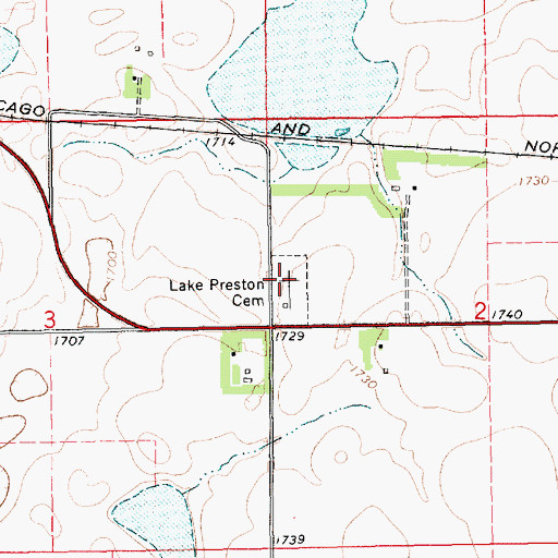 Topographic Map of Lake Preston Cemetery, SD