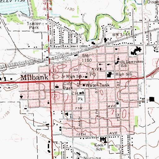 Topographic Map of Milbank, SD