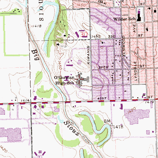 Topographic Map of O'Gorman High School, SD