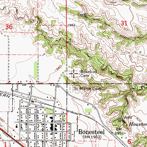 Topographic Map of Rosebud Cemetery, SD