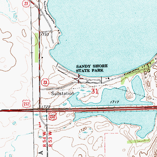Topographic Map of Sandy Shore State Park, SD