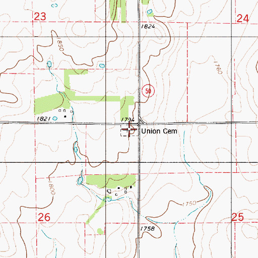 Topographic Map of Bijou Hills Union Cemetery, SD