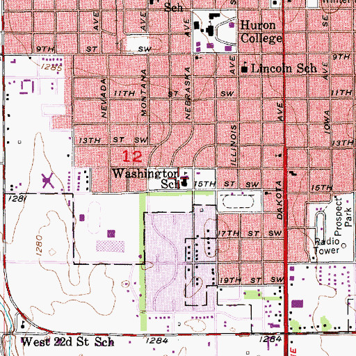 Topographic Map of Washington Elementary School, SD