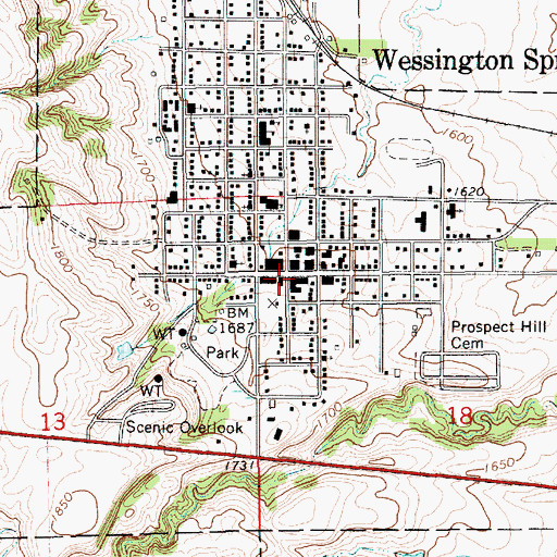 Topographic Map of Wessington Springs, SD