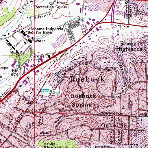 Topographic Map of Roebuck, AL