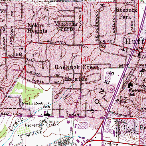 Topographic Map of Roebuck Crest Estates, AL