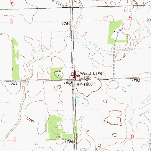 Topographic Map of Wood Lake Cemetery, SD