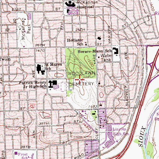 Topographic Map of Woodlawn Cemetery, SD
