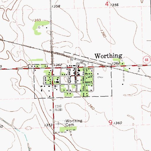 Topographic Map of Worthing, SD