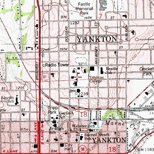 Topographic Map of Yankton College, SD