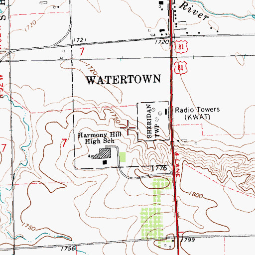 Topographic Map of KIXX-FM (Watertown), SD
