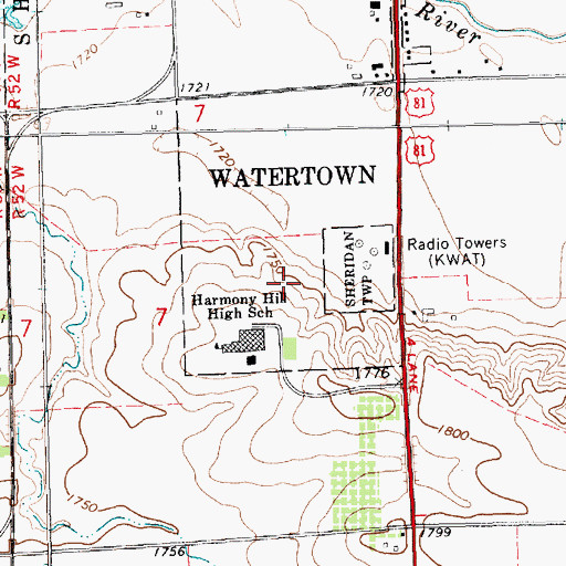 Topographic Map of KWAT-AM (Watertown), SD