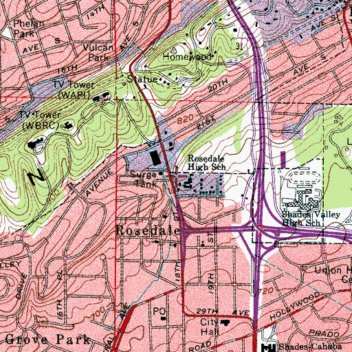 Topographic Map of Rosedale High School (historical), AL