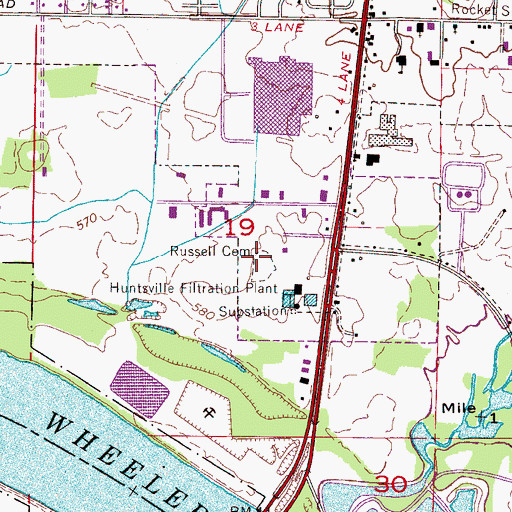 Topographic Map of Russell Cemetery, AL