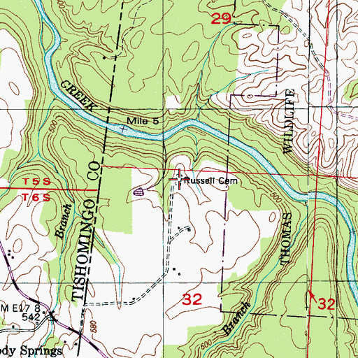 Topographic Map of Russell Cemetery, AL