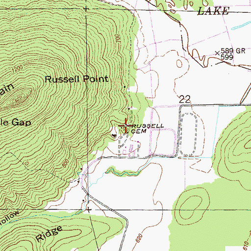 Topographic Map of Russell Cemetery, AL