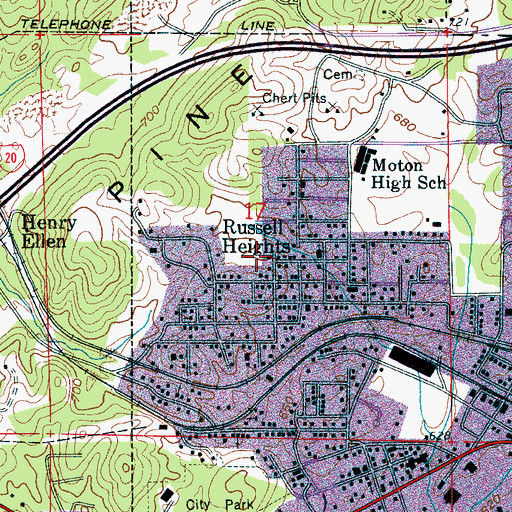 Topographic Map of Russell Heights, AL
