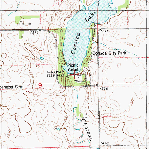Topographic Map of Corsica Lake Dam, SD
