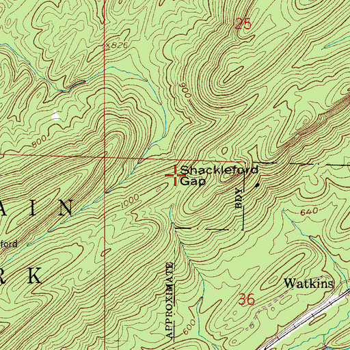 Topographic Map of Shackleford Gap, AL