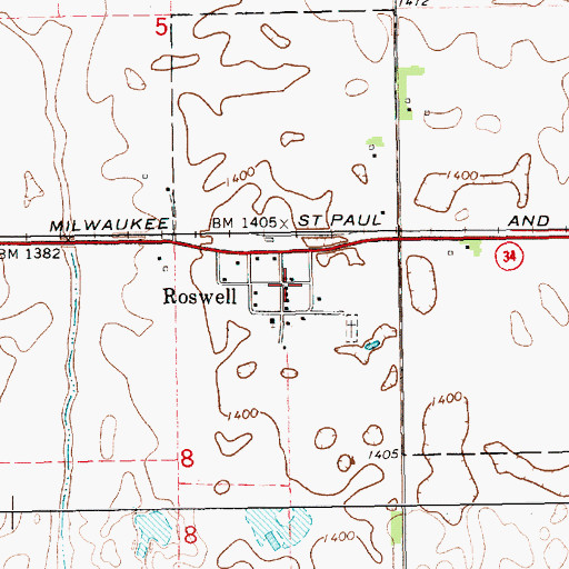 Topographic Map of Roswell, SD