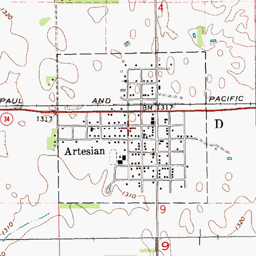 Topographic Map of Town of Artesian, SD