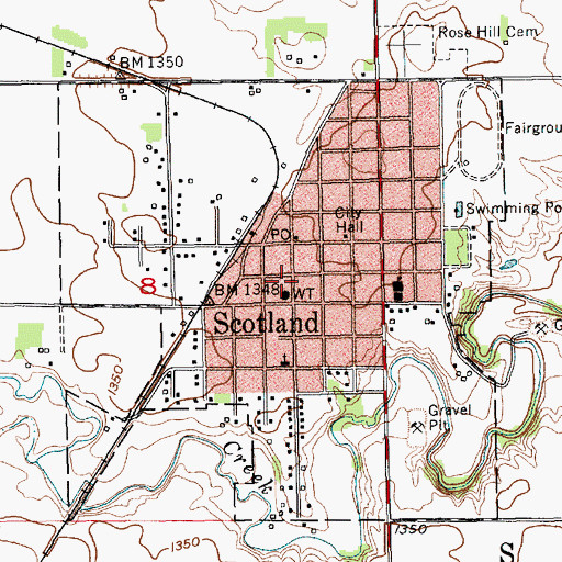 Topographic Map of City of Scotland, SD