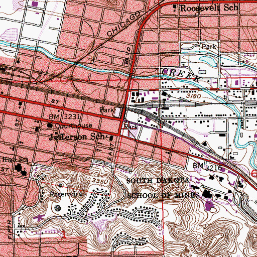 Topographic Map of Rapid City Post Office, SD