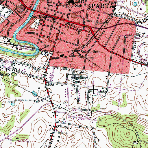 Topographic Map of Highland Cemetery, TN