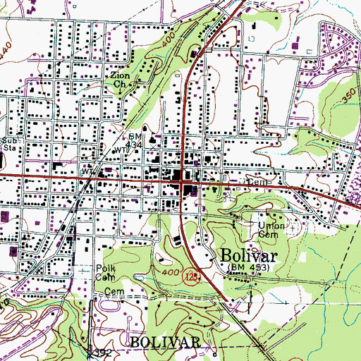 Topographic Map of Bolivar, TN