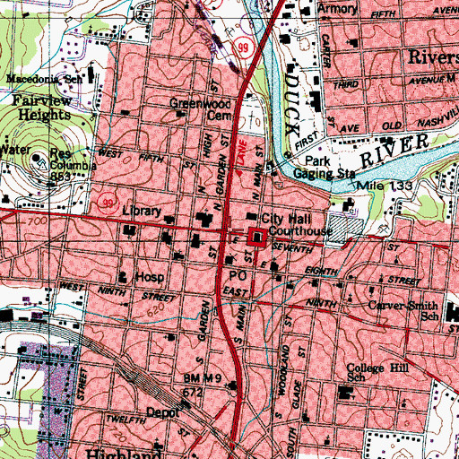 Topographic Map of Columbia, TN