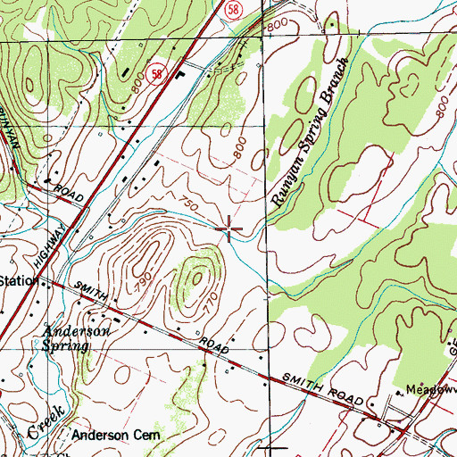 Topographic Map of Runyan Spring Branch, TN