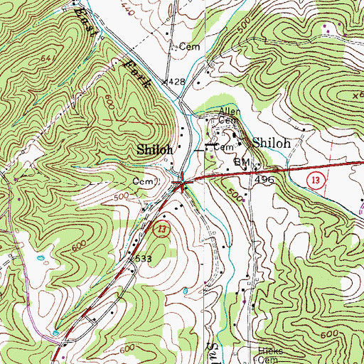 Topographic Map of Shiloh, TN