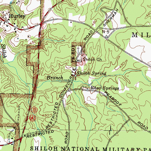 Topographic Map of Shiloh Spring, TN