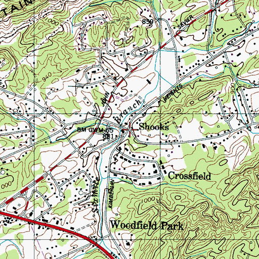 Topographic Map of Shooks, TN