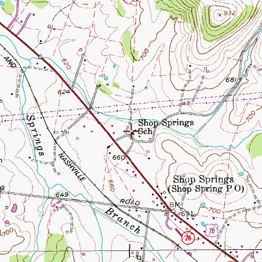 Topographic Map of Shop Springs School, TN
